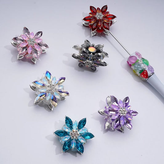 Fancy Silver Alloy Six-Petaled Flower with Clear & Colorful Rhinestones Clay Beads, Around 38MM