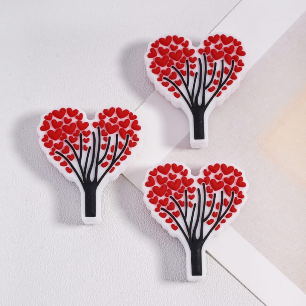 Silicone Focal Beads Red and Pink Heart Tree Valentine's Day Theme