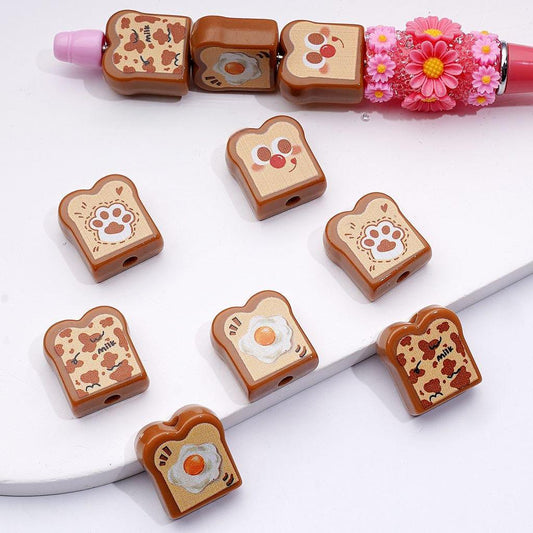 Mini Cute Vivid Hand Painted Toast Bread Acrylic Beads, Around 19*18MM