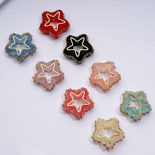 Cute Star Frame with Gold Alloy Chain with Clear Rhinestones Sugar Acrylic Beads, Around 32MM, Random Mix