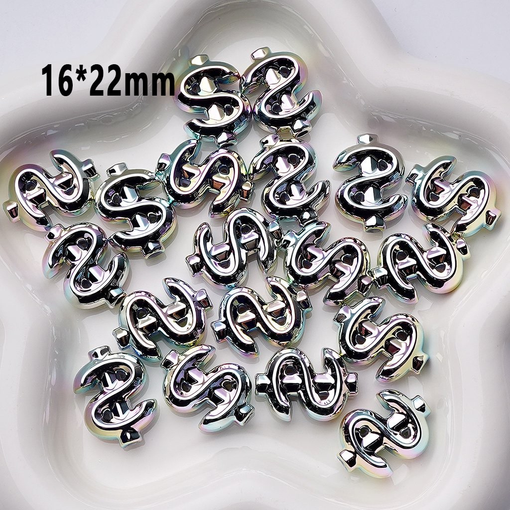 Laser Galaxy Iridescent Holographic Metallic Silver Color US Dollar Sign Acrylic Beads, Around 16*22MM