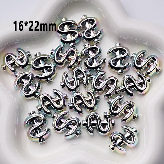 Laser Galaxy Iridescent Holographic Metallic Silver Color US Dollar Sign Acrylic Beads, Around 16*22MM