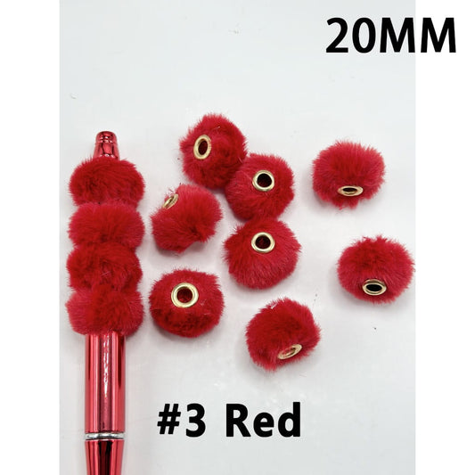 Red fluffy accessories with gold centers on a white background, labeled '20MM' and '#3 Red'.

