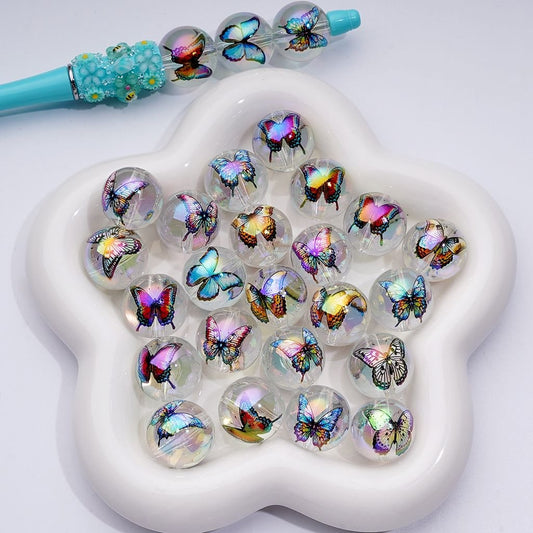 Large UV Coating Cute Butterflies Clear Round Acrylic Beads, 20MM, Random Mix