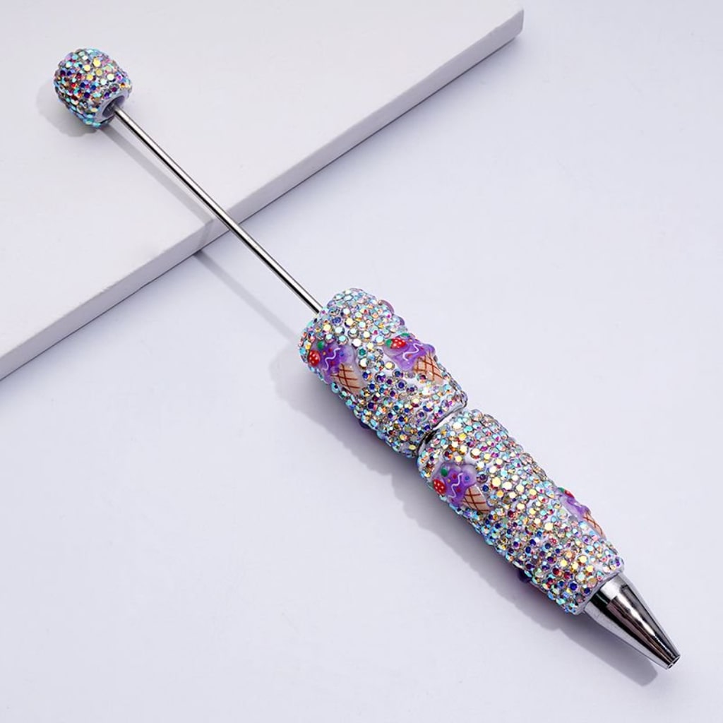 Beadable Clay Pens with Sweet Strawberry Ice Cream Cone Mini AB Rhinestones Covered the Entire Pen