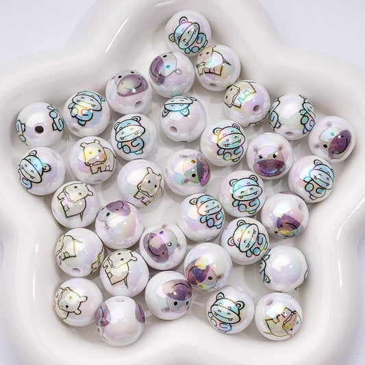 UV Coating Cute Hippo White Round Acrylic Beads, 16MM, Random Mix