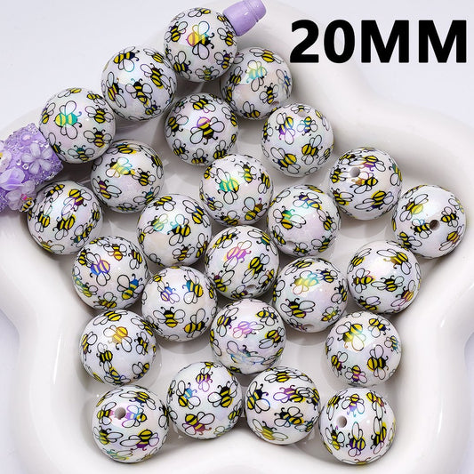UV Coating Mini Cute Bees White Round Acrylic Beads, 20MM