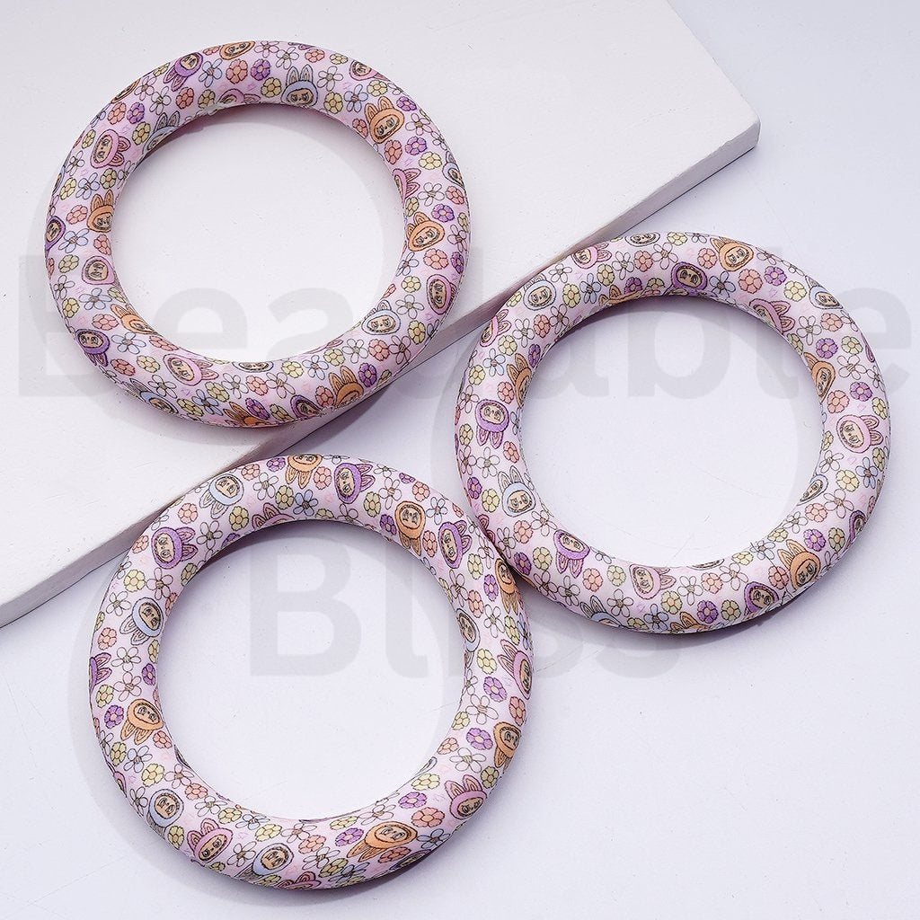 Cute L-B-B Flowers Prints Silicone Ring Frame Bead Circle Round Soft Car Hanger Charm Loop 65mm