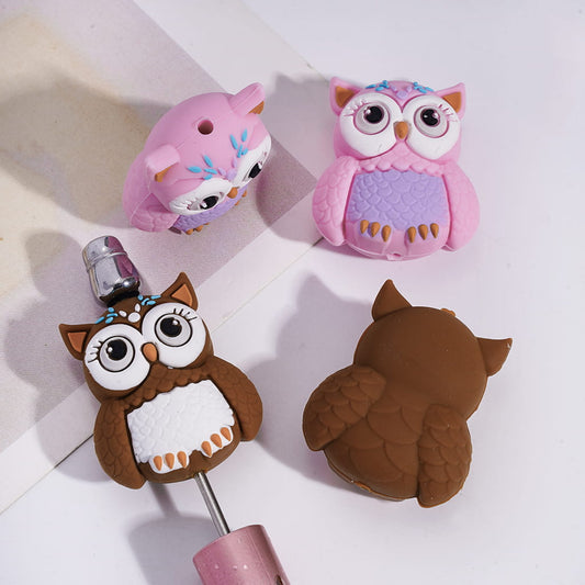 Silicone Focal Beads 3D Cute Big-Eye Owl, Pink and Brown
