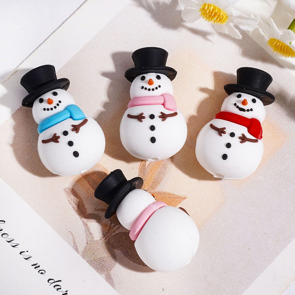 Silicone Focal Beads 3D Cute Snowman with Black Top Hat and Various Colors Scarf