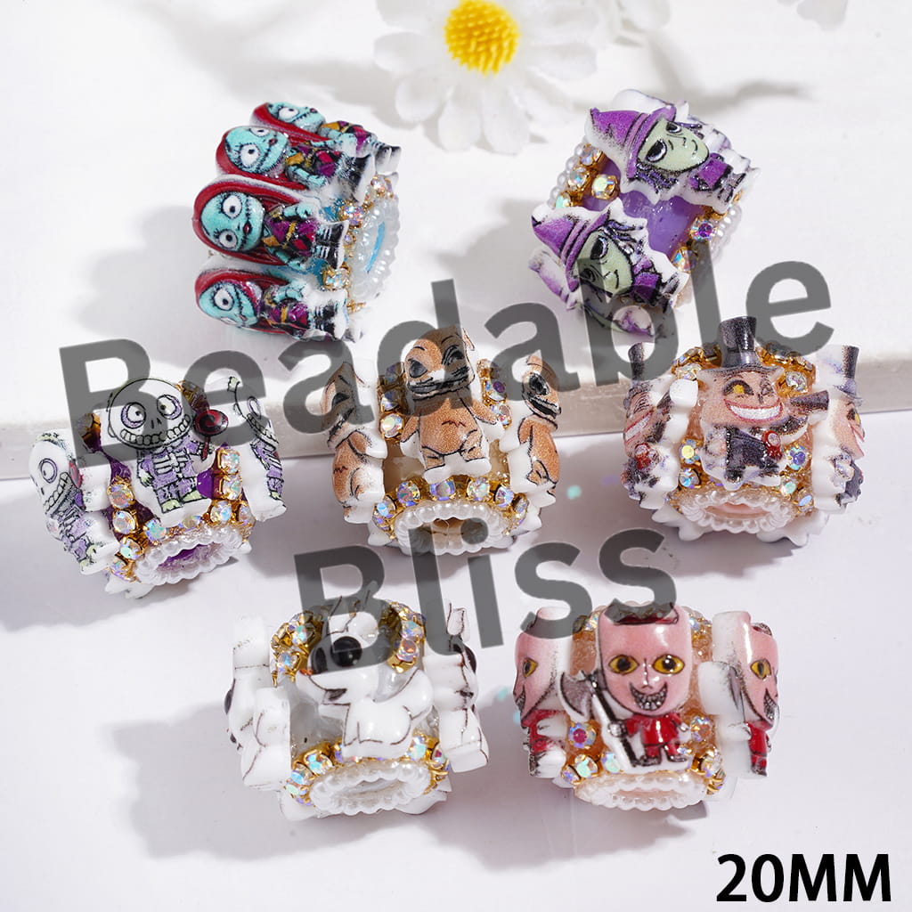 Hand-Made Acrylic Beads with Halloween Skull Skeleton Couple Character Series, AB Rhinestone Chains & White Pearl Loop, 20MM, Random Mix