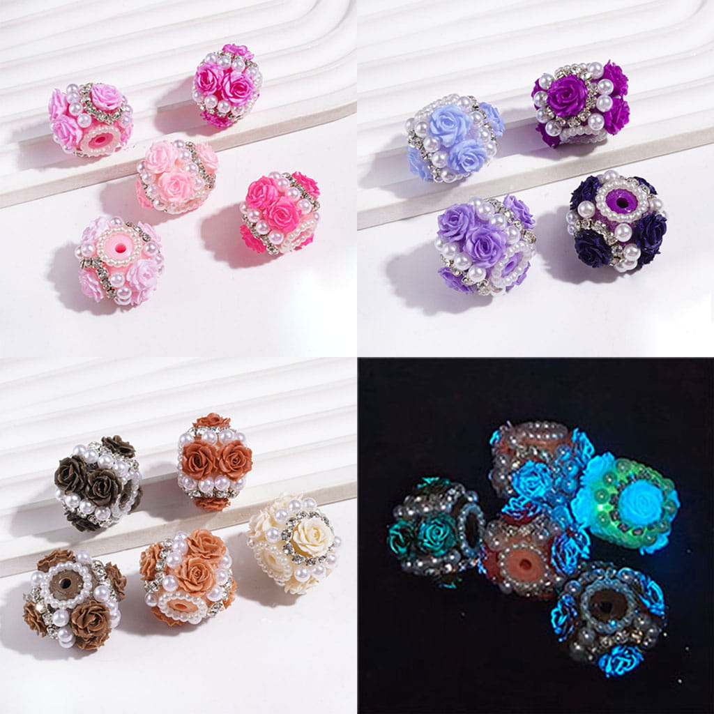 Luminous Rose Flowers & Clear Rhinestone Chains & White Pearls Handmade Acrylic Beads, 23MM, Assorted Colors Series  Dark Blue-Light Purple-Dark Purple-Light Blue