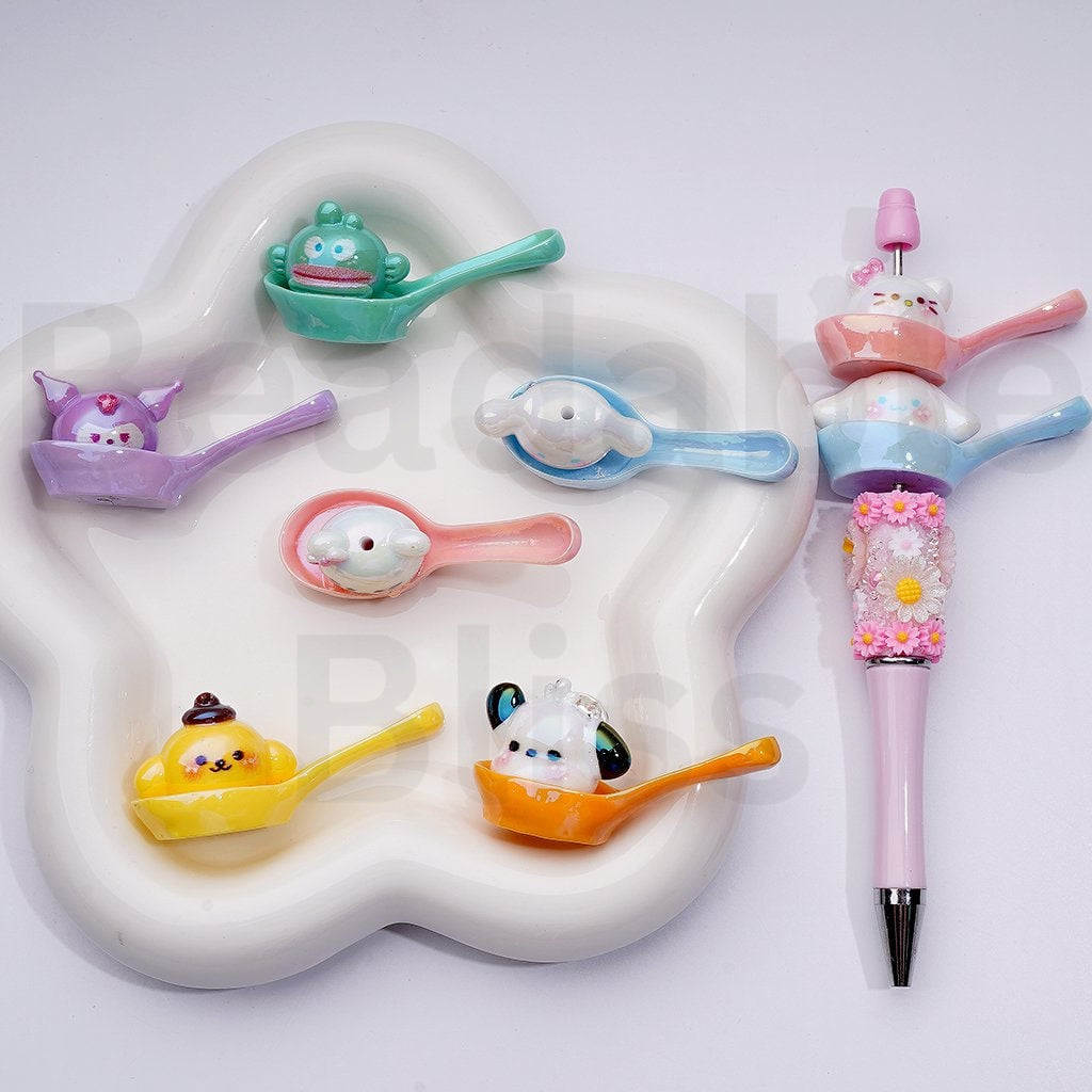 Cute Vivid Sanri Family HK Kitten Kurom Melod Pom Pom Pochacc in the Spoon Acrylic Beads, Around 24*52MM, Random Mix