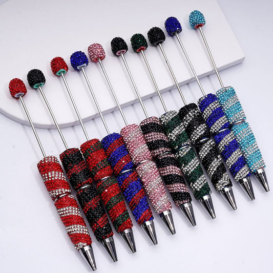 Beadable Clay Pens with Oblique-Stripe Double Color Rhinestones Covered the Entire Pen