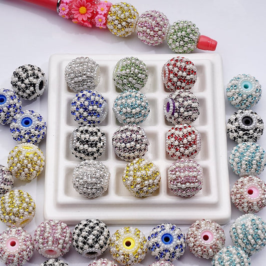 Multi-Color Shiny Rhinestones White Pearls Round Acrylic Beads, 20MM