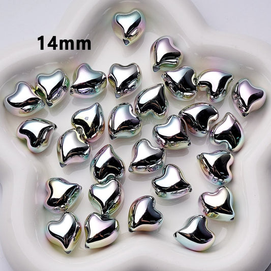 Laser Galaxy Iridescent Holographic Metallic Silver Color Twisty Heart Acrylic Beads, Around 14MM