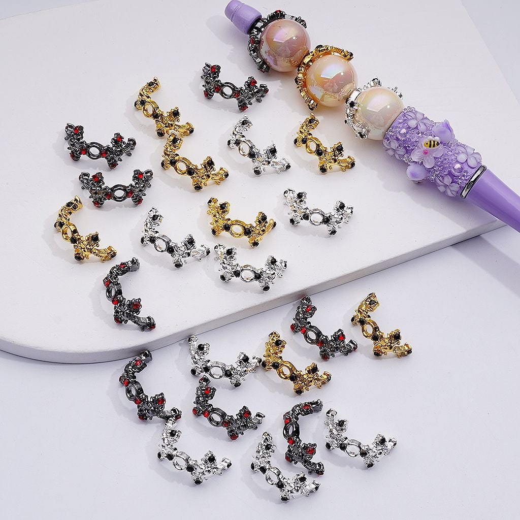 Gold Silver Gun Black Alloy Cross with Black Red Rhinestones Bead Cage Cap, 20MM
