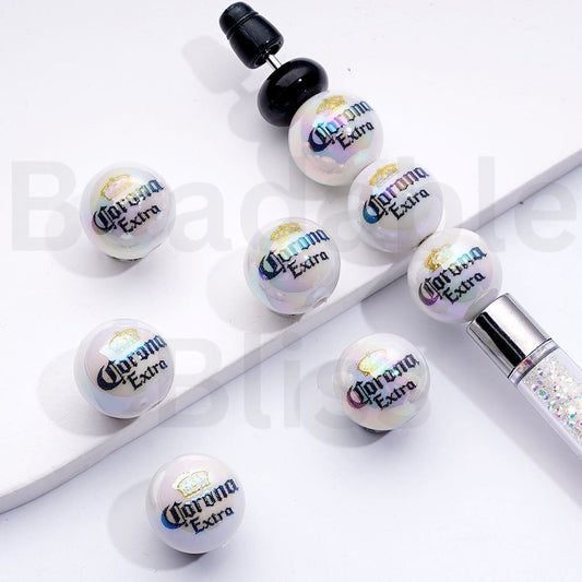 UV Coating Coron Extra Beer White Round Acrylic Beads, 16MM
