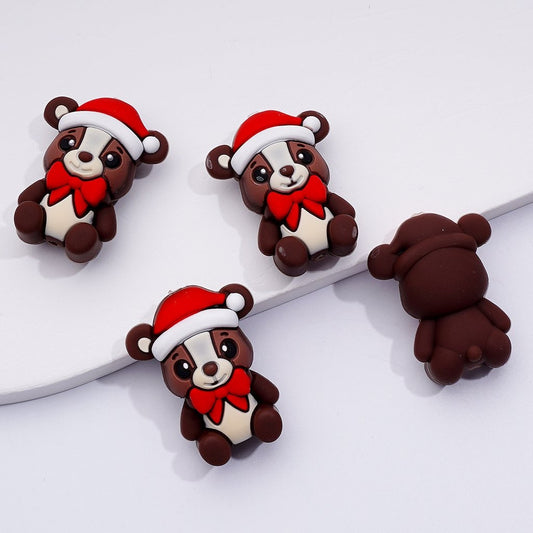 3D Cute Bear with Red Christmas Hat Bowknot Silicone Focal Beads