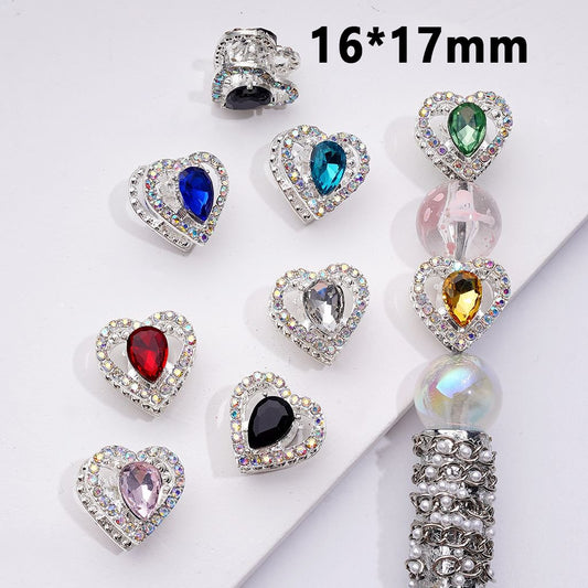 Fancy Silver Alloy Heart Beads with Colorful & AB Rhinestones, 16*17MM, Random Mix