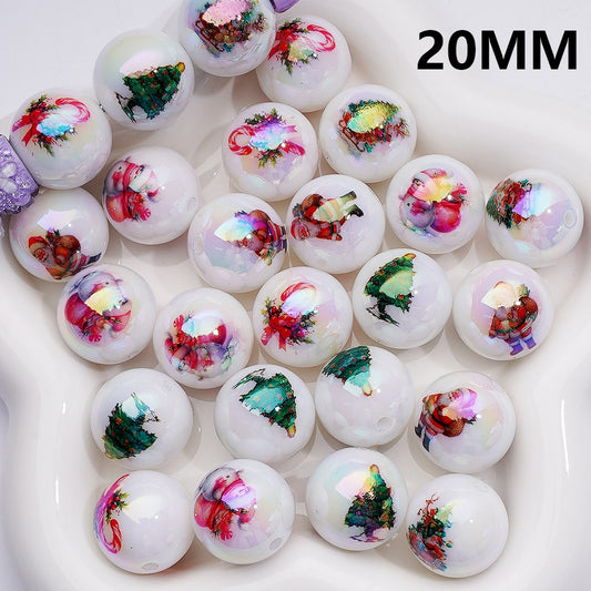UV Coating Christams Series Father Christmas Tree Snowman Cany Cane Round Acrylic Beads, 20MM, Random Mix