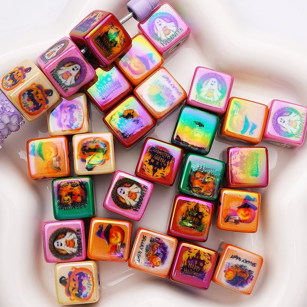 UV  Coating Halloween Series Ghost Pumpkin Castle Bat Cube Square Acrylic Beads, 15MM, Random Mix