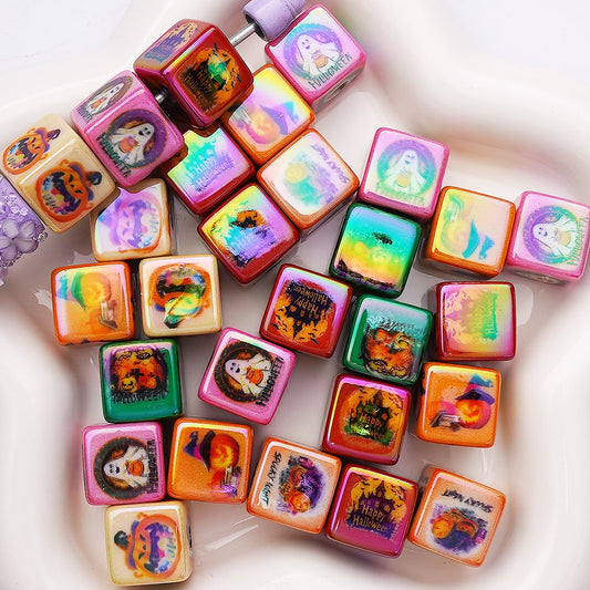 UV  Coating Halloween Series Ghost Pumpkin Castle Bat Cube Square Acrylic Beads, 15MM, Random Mix