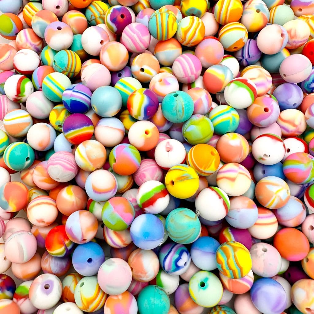 Multicolor Printed Silicone Beads with Swirls, Abstract Marble Pattern, 15mm