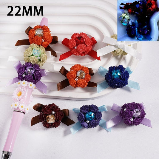 Clay Beads with Luminous Soft Rose Flowers and Shiny Square Rhinestones, White Pearls & Fabric Bowtie Ribbon, 22MM, Multi-Color