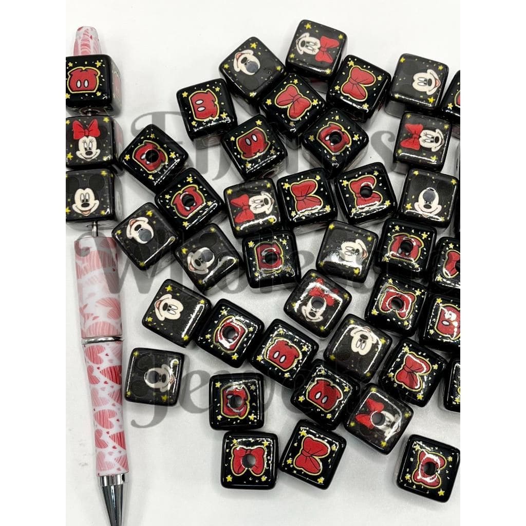 Black Cube Acrylic Beads with Mouse, Micky Pants, Minnne Bowtie, Random Mix, 16mm, SB