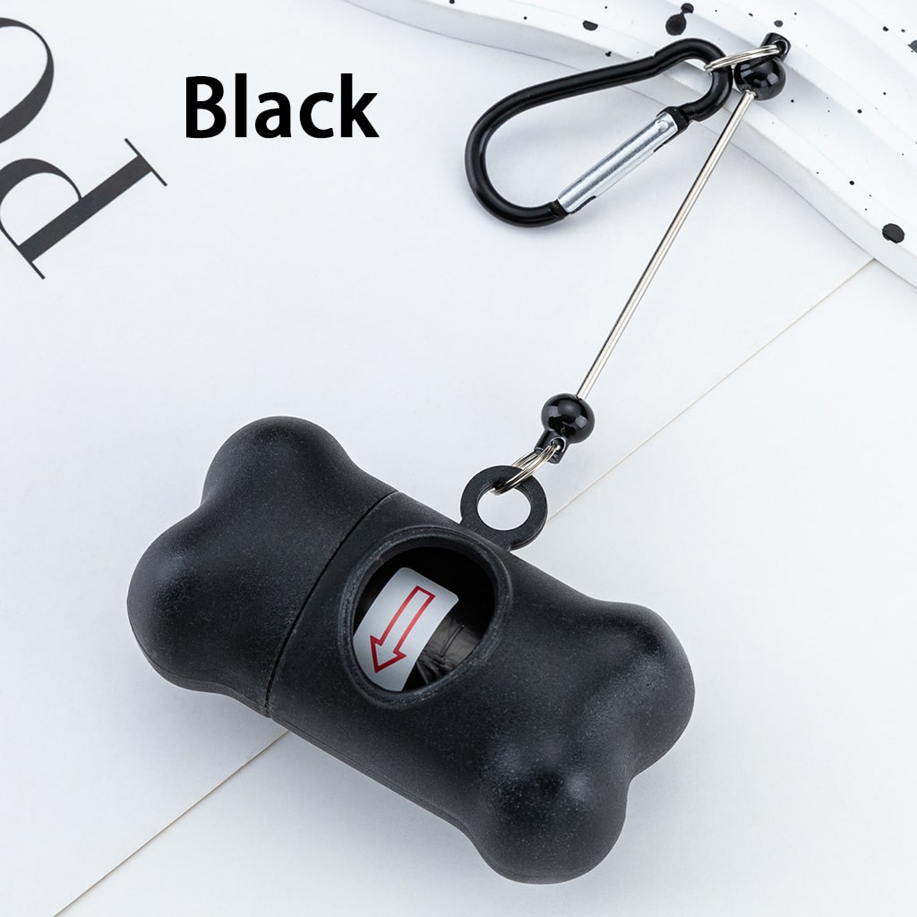 Black dog bone-shaped keychain with carabiner on a white background