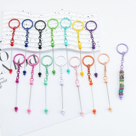 New Style DIY Beadable Metal Keychain with Bar in Solid Color, 153MM, the Small Ball is Plastic Material