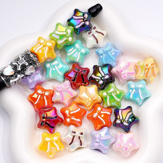 Acrylic Beads UV Coating Shiny Five-Pointed Star with Bowknots, Multi-Color, 20MM (Single Color is available for 200pcs(Whole Bag))