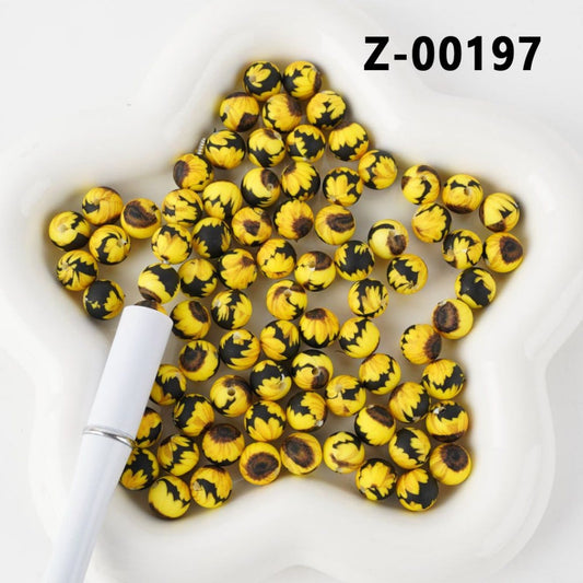 Black & Yellow Sunflowers Printed Silicone Beads 9MM, Number Z-00197