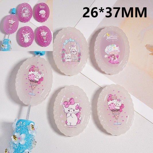 Acrylic Beads Color Changing Cute Bunny Cat Girl Printed, Flat Oval Shape, 26*37MM (Single Color is available for 100pcs(Whole Bag) Only)