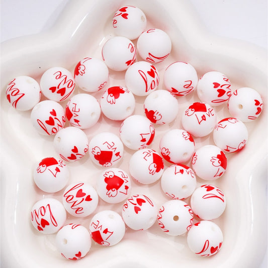 Printed Silicone Beads Red Love Heart Valentine's Day Prints, White 15MM, Numer Z-00282