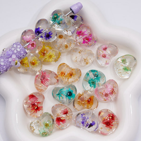 Multi-Color Dried Flowers Gold Foil Paper Inside Clear Heart Acrylic Beads, 20MM (Single Color is available for 200pcs(Whole bag))