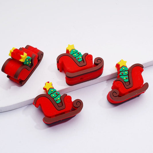 3D Cute Red Sled with Five-Pointed Star Christmas Tree Silicone Focal Beads