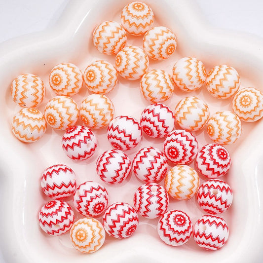 Multi-Color Zig Zag Stripes Round White Printed Silicone Beads 15MM, Number Z-00280