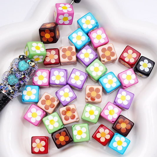 Square Cube Acrylic Beads Cute Mini Flowers Solid Color 12MM (Single Color is available for 200pcs(Whole Bag))