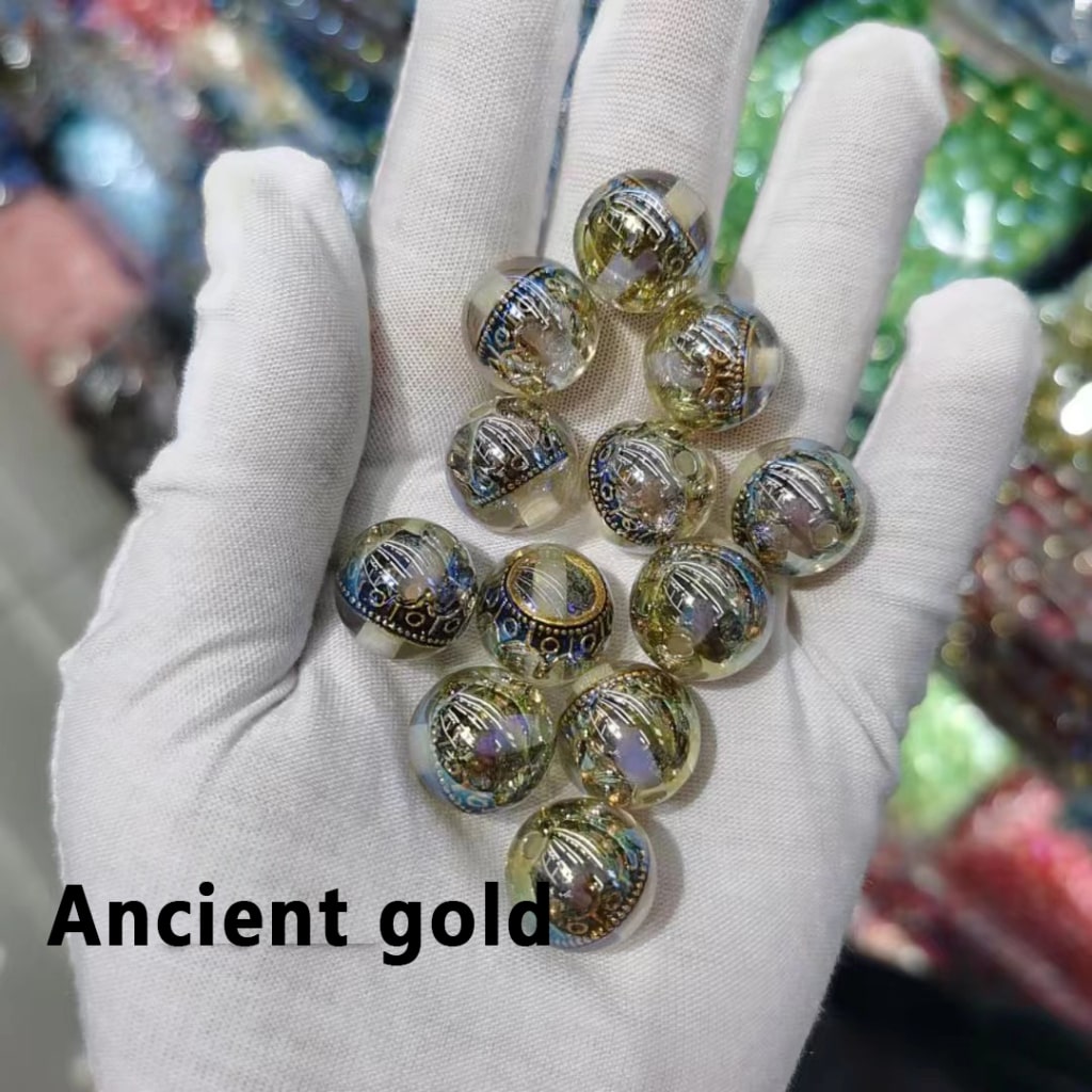 Delicate UV Coating Multi-Color Metal Crown Inside Clear Round Acrylic Beads, 16MM