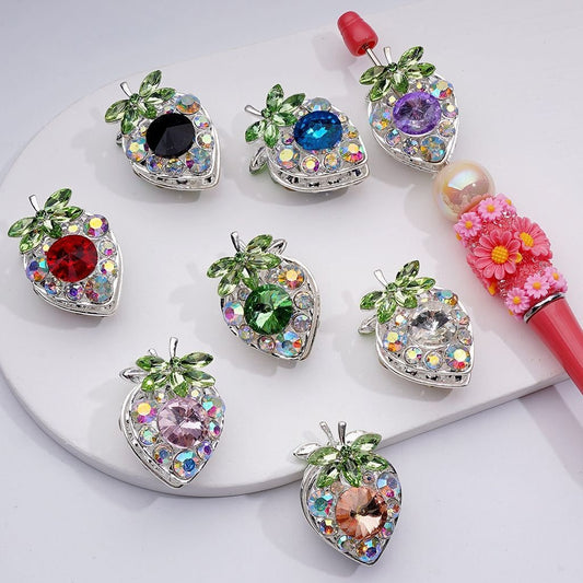 Fancy Silver Alloy Starwberry Beads with  Multi-Color Cone Shape Green Leaf AB Rhinestones, 22*33MM