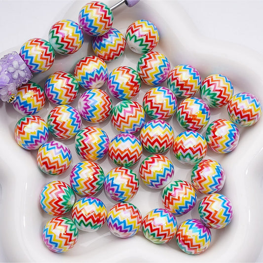 UV Coating Bright Color Zig-Zag Wavy Stripes Round Acrylic Beads, 16MM