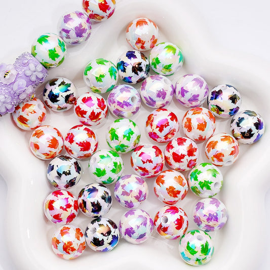 Acrylic Beads UV Coating Maple Leaves Prints Multi-Color, Round 16MM （Single Color is available for 200pcs(Whole Bag))