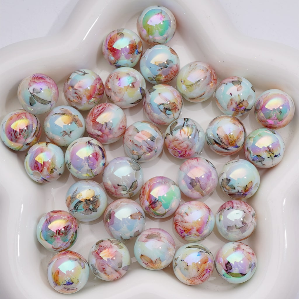 UV Coating Multi-Color Different Flowers Round Acrylic Beads, 16MM (Single Color is available for 200pcs(Whole bag))