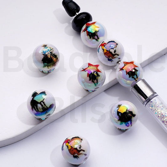 UV Coating Cool Knight Horseman White Round Acrylic Beads, 16MM, Random Mix