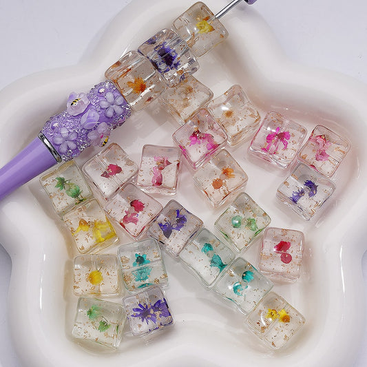 Multi-Color Dried Flowers Gold Foil Paper Inside Clear Cube Square Acrylic Beads, 14-15MM (Single Color is available for 200pcs(Whole bag))