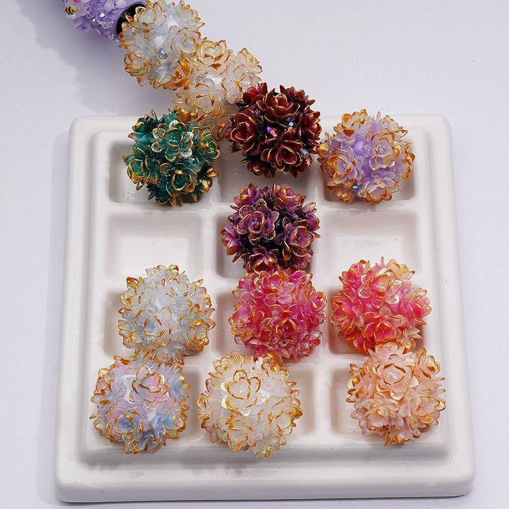 Clay Beads with Gold Color Edges Rose Flower and AB Rhinestones, Around 22MM