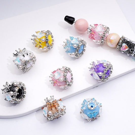 Acrylic Beads Cute Butterfly Hearts Clear Rhinestones Chains White Pearls Silver Alloy Crown Solid Color 22*22MM