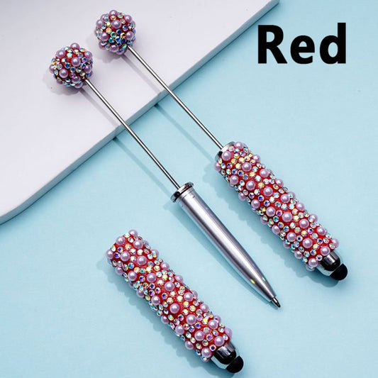 A selection of beadable clay stylus pens with AB rhinestones and white pearls in various colors.

